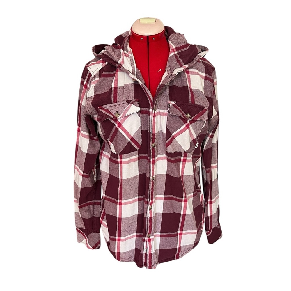 TNA Red Burgundy & White Plaid Boyfriend Shirt Hoodie – Size Large